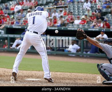 31. August 2016 - Arlington, TX, USA - Texas Rangers Elvis Andrus wird am Mittwoch, den 31. August 2016 in Arlington, Texas von einem Pitch im 7. Inning getroffen. (Bild: © Khampha Bouaphanh/TNS via ZUMA Wire) Stockfoto