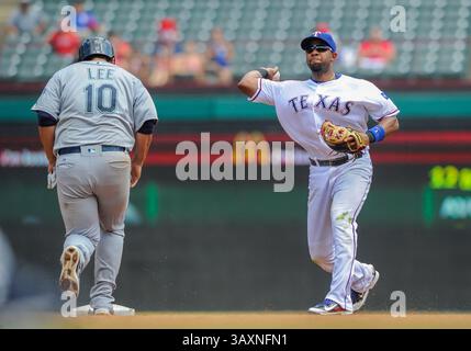 31. August 2016: Texas Rangers Shortstop Elvis Andrus #1 während eines MLB-Spiels zwischen den Seattle Mariners und den Texas Rangers im Globe Life Park in Arlington, TX Texas besiegte Seattle14-1, Albert Pena/CSM(Credit Image: &Copy; Albert Pena/Cal Sport Media via ZUMA Wire) Stockfoto