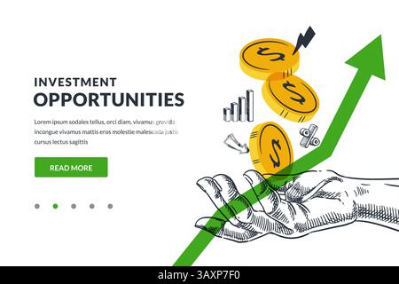 Menschliche Hand, die Goldmünzen mit Dollarzeichen auf grünem Pfeil hält. Geschäftskonzept für Investitionen, Kosteneinsparungen und Finanzwachstum. Vektorskizze Stock Vektor