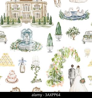 Hochzeit nahtlose Aquarellmuster Jungvermählte, Anwesen, Schwäne, Champagner, Brunnen, Cabriolet. Handgezeichneter Hintergrund für romantische Feierlichkeiten Stockfoto