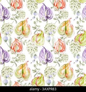 Nahtloses tropisches Blumenmuster mit leuchtendem Anthurium, exotischen Blumen und üppigem Laub. Perfekt für Mode und Textildesign Stockfoto