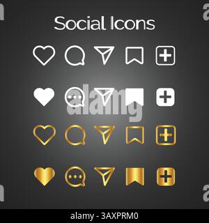 Social-Media-Symbole Weiße und goldene Thematik Satz generischer Social-Media-Benutzersymbole. Gefällt mir, kommentieren, teilen Stock Vektor