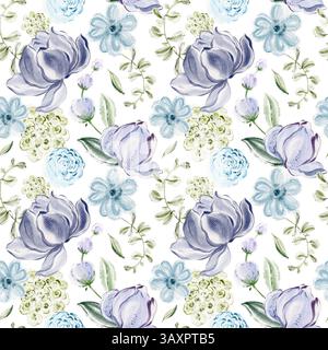 Nahtloses Blumenmuster in Aquarellfarben mit zarten Rosen, Lilien und violetten Blüten. Handgezeichnetes botanisches Design in Pastellviolett- und Blautönen. Stockfoto