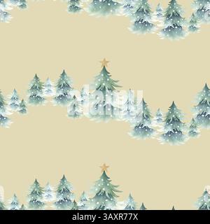 Weihnachtsfichten, schneebedeckt mit festlicher Dekoration mit goldenen Sternen. Handgezeichnetes Aquarell nahtloses Muster der Waldlandschaft auf beige für New Stockfoto