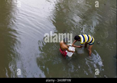 28. September 2016 - Kuala Lumpur, Malaysia - Bangladeschi nutzen Netze zum Angeln in der Kanalisation. Wanderarbeitnehmer in Malaysia kommen aus mehr als 12 asiatischen Ländern, die Mehrheit aus Indonesien. Bangladesch, Nepal, Indien, Pakistan, Vietnam, Kambodscha, Thailand und die Philippinen beliefern ebenfalls eine große Anzahl. Die meisten von ihnen arbeiten auf Baustellen, Fabriken und Bauernhöfen und verdienen wenig. (Bild: © Chris Jung via ZUMA Wire) Stockfoto