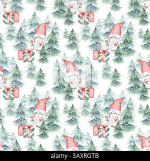 Nahtloses Weihnachtsmuster mit Gnom mit Laterne, Fichten, schneebedeckt und Geschenkboxen mit Schleife gebunden. Aquarellabbildung isoliert vom Hintergrund für Stockfoto