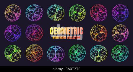 Neon-beschichtete Drahtmodellformen. Perspektivisches Netz, 3D-Raster. Geometrische Elemente mit niedrigem Poly. Futuristische Retro-Designelemente, y2k, Vaporwave und Synthwave Stock Vektor