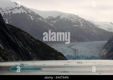30. Juni 2016 – Juneau, Alaska, USA – Dawes Glacier, Endicott Arm, Tongass National Forest, Alaska, USA. Fjorde mit Klippenmauern, die in das bergige Festland geschnitten sind, sind heute vom Fass, während Sie langsam in eine Gegend schlüpfen, die weithin als die schönste in Alaska gilt. Mit mehr ausgewiesenen Wildnisgebieten als jeder andere Bundesstaat der Nation, sind Endicott Arm und Fordâ's Terror, eine unberührte Flutbucht und ein Fjord. Erkunden Sie diesen majestätischen Fjord mit dem Kajak oder Skiff, eine einzigartige Gelegenheit. Sehen Sie schroffe, eisbedeckte Berge, die hoch über Ihnen glitzern, und einen Gletscher, der aktiv in die Eisfels kalbt Stockfoto