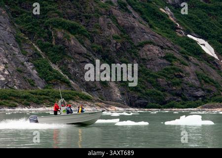 30. Juni 2016 – Juneau, Alaska, USA – Boot in der Nähe des Dawes-Gletschers kältet in den Fjord von Tracy Arm in Fords Terror Wilderness, Südosten Alaskas. Fjorde mit Klippenmauern, die in das bergige Festland geschnitten sind, sind heute vom Fass, während Sie langsam in eine Gegend schlüpfen, die weithin als die schönste in Alaska gilt. Mit mehr ausgewiesenen Wildnisgebieten als jeder andere Bundesstaat der Nation, sind Endicott Arm und Fordâ's Terror, eine unberührte Flutbucht und ein Fjord. Erkunden Sie diesen majestätischen Fjord mit dem Kajak oder Skiff, eine einzigartige Gelegenheit. Sehen Sie schroffe, eisbedeckte Berge, die hoch über Ihnen glänzen Stockfoto