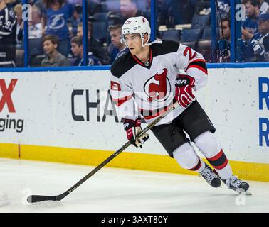 15. Oktober 2016: Damon Severson (28), Verteidiger der New Jersey Devils, vor dem Spiel zwischen den New Jersey Devils und den Tampa Bay Lightning in der Amalie Arena in Tampa, Florida. Del Mecum/CSM(Kreditbild: &Copy; Del Mecum/CSM via ZUMA Wire) Stockfoto
