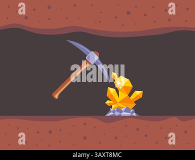 Goldnuggets abbauen. Spitzhacke extrahiert Mineralien. Flache Abbildung Stock Vektor