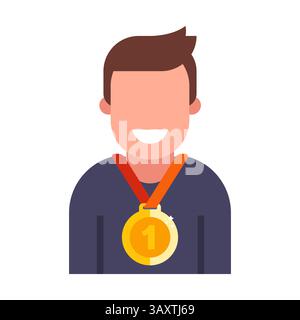 Mann mit Goldmedaille am Hals. Sportlersieger. Flache Illustration des Menschen Stock Vektor