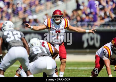 September 2016 – Fort Worth, Texas, USA Der Quarterback Joel Lanning (7) der Iowa State Cyclones im Amon G. Carter Stadium in Fort Worth, Texas, spielte während des Spiels zwischen den Iowa State Cyclones und den TCU Horned Frogs. (Bild: © Dan Wozniak via ZUMA Wire) Stockfoto