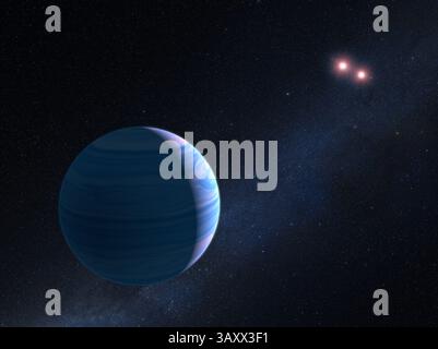 22. September 2016: Die Illustration der Künstlerin zeigt einen Gasriesen, der ein Paar roter Zwergsterne im 8.000 Lichtjahre entfernten System OGLE-2007-BLG-349 umkreist. Der Saturn-Massenplanet umkreist etwa 300 Millionen Meilen von dem Sternenduo. Die beiden roten Zwergsterne sind 7 Millionen Meilen voneinander entfernt. Hubble findet Planeten, die zwei Sternenpaare umkreisen. (Kreditbild: © NASA/ZUMAPRESS.com) Stockfoto