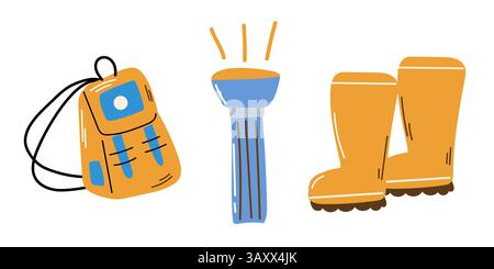 Lagerfeuerausrüstung mit Rucksack, Gummistiefel. Stock Vektor