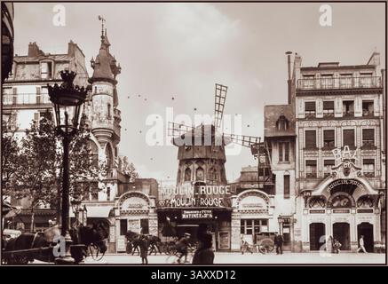 PARIS Vintage 1900er Jahre Retro Moulin Rouge die Straßenszene des Boulevard de Clichy im alten Montmartre Paris Frankreich mit Pferdekutschen und Wagen Datum : 1900 Frankreich, Stockfoto