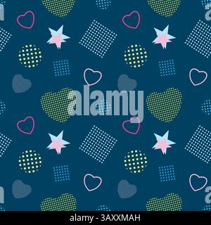 Farbenfrohes nahtloses Muster im Memphis-Stil mit abstrakten geometrischen Formen und Herzen. Perfekt für Textilien, Tapeten, Geschenkpapier und Geschenkkartons. Stock Vektor