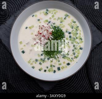 Kalte russische Suppe Okroschka, zubereitet mit Kefir, mit frischem Dill, Gurke und Rettich, serviert in einer weißen Keramikschale, präsentiert im Sommer Stockfoto