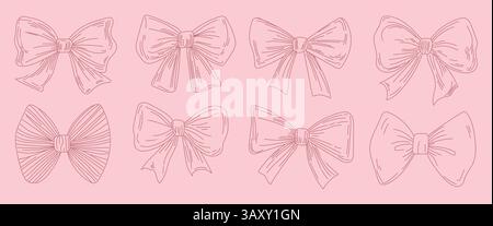 Zarte pinke Schleife im handgezeichneten Stil, ideal für Mädchenverpackungen, Textilgrafiken, Vintage-Modeschauen und feminine Schreibwaren Stock Vektor