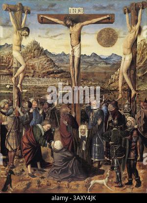 Titel: Die Kreuzigung Künstler: Anonymer valencianischer Künstler Datum: Ca. 1450–1460 Technik: Öl auf Platte Abmessungen: 44,8 x 34 cm Ort: Museo Nacional Thyssen-Bornemisza, Madrid Stockfoto