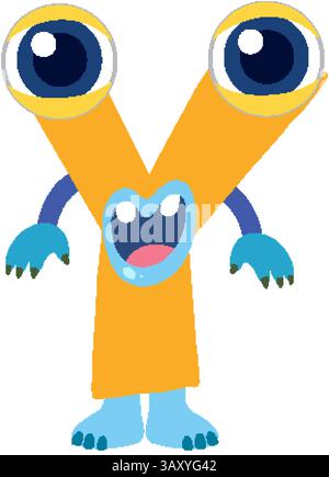 Vektor-Illustration eines bunten, cartoonartigen Monsters in Form des Buchstaben Y mit übertriebenen Merkmalen und leuchtenden Farben Stock Vektor