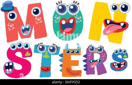Farbenfrohe Buchstaben mit Monstergesichtern, lebendiger und skurriler Stil, perfekt für Kindermotive und verspielte Themen Stock Vektor