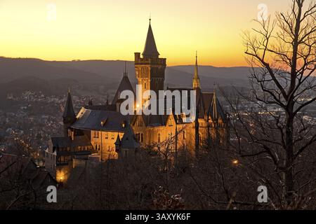 Stimmungsvoller Blick auf das beleuchtete Schloss Wernigerode bei Sonnenuntergang, Harz, Sachsen-Anhalt, Deutschland, Europa Stockfoto