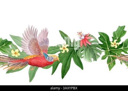 Fliegende goldene Fasane, tropische Blätter, weiße und rote Blumen nahtlose Grenze. Handgezeichneter Regenwald Natur isoliertes Clipart, Skizzenstil Stockfoto