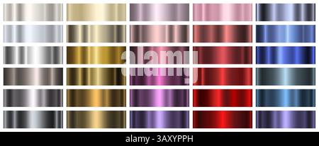 Eine Reihe von metallischen Verläufen auf weißem Hintergrund. Eine Sammlung von Verläufen in verschiedenen Farben. Stock Vektor