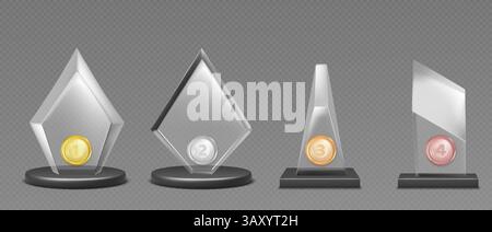 Preis aus transparentem Glas mit Metallmedaillen, Zahlen und Lorbeeren. Vier Gewinner gewinnen realistischen 3D-Vektor. Glänzende Champion-Trophäen aus Acryl mit schwarzem Boden. Belohnungsschilder aus glänzendem Kristall. Stock Vektor