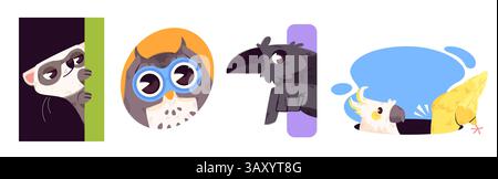Niedliche Zeichentricktiere, die herausschauen - neugieriger Lemur hinter der Wand, kluge Eule, die aus dem Kreis springt, lustiger Papagei, der aus der Lochform herauskommt und nach innen blickt, schwarzer Rabe, der aus dem Rechteck blickt. Stock Vektor