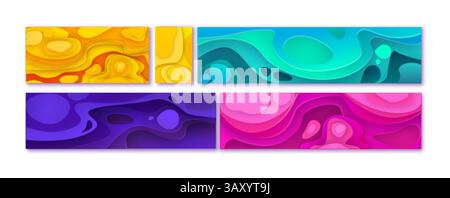 Bunte Topographie Papercut Stil Vektor Hintergründe Set - lebendige mehrschichtige Papier geschnittene Formen abstrakter wellenförmiger Formen. Helle gelbe, grüne, lila und rosa Farben, moderne Origami-Banner mit grafischem Design. Stock Vektor