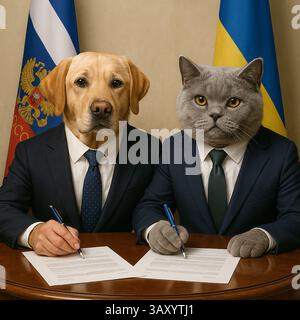 Der ukrainische Präsident Wolodymyr Zelenski und der russische Präsident Wladimir Putin werden einen friedensvertrag über die künftige Kapitulation unterzeichnen Stockfoto