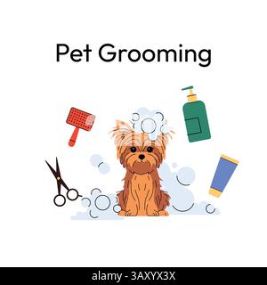 Shiba Inu Hund während der Pflege. Der verspielte Welpe sitzt mit Seifenblasen bedeckt, umgeben von einer Schere, einem Shampoo und einer Bürste. Perfekt für die Tierpflege. Stock Vektor