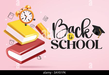 Back-to-School-Gruß-Clipart-Bannerdesign. Schultext mit gelben und roten Büchern Lernelemente ClipArt in schlichtem leeren Raum rosa Stock Vektor