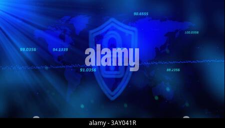 Ein flacher blauer Schild schwebt über der Weltkarte und zeigt ein Vorhängeschloss-Symbol und eine Wellenform der Cybersicherheit Stockfoto