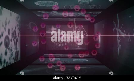 Eine Gruppe von durchscheinenden rosafarbenen sechseckigen Symbolen schwebt mit rotem Laserstrahl im 3D-Gesundheitsraum Stockfoto