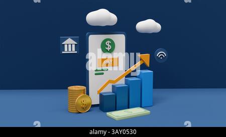 3D-Infografik mit mobiler Zahlung, Wachstumskarte, Münzen sowie Symbolen für Banken und Finanzen auf blauem Hintergrund Stockfoto