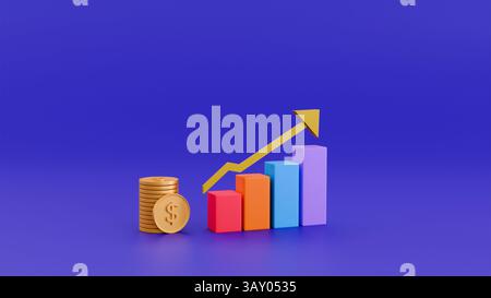 3D-Infografik mit Münzen, Wachstumsdiagramm und Pfeil bis zum Jahr 2025 auf violettem Hintergrund, Gewinnwachstum im Jahr 2025 Stockfoto