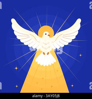 Pfingstsonntag: Banner Des Heiligen Geistes. Weiße Taube mit Halo und göttlichem Licht auf blauem Hintergrund. Katholischer oder christlich-religiöser Kultururlaub. Quadrat Stock Vektor