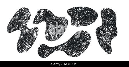 Satz abstrakter geometrischer Formen, die mit Buntstift gezeichnet wurden. Realistische, kreidegezeichnete Skizze. Bleistiftschattierung Textur, Vektorillustration Stock Vektor