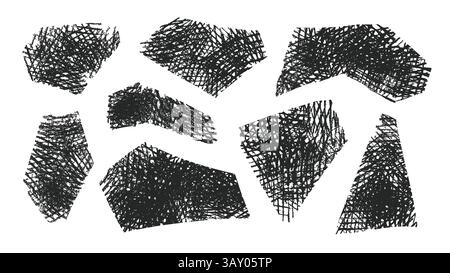 Satz abstrakter geometrischer Formen, die mit Buntstift gezeichnet wurden. Zeitgenössische Figuren kritzeln. Bleistiftschattierung Textur, Vektorillustration Stock Vektor