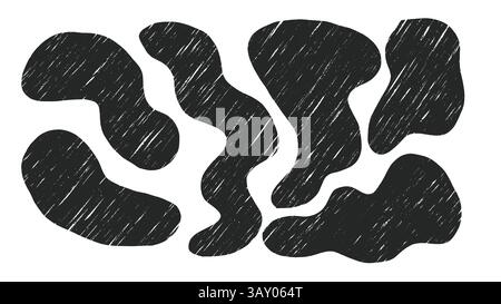 Satz abstrakter Formen aus Holzkohle. Handgezeichnete Bleistift- oder Buntstift-Textur, geometrische Figur. Bleistiftschattierung Textur, Vektorillustration Stock Vektor