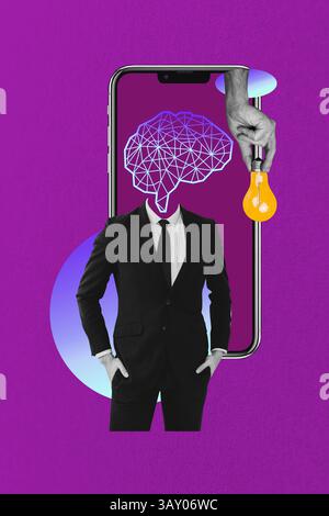 Zine kreative vertikale Foto-Collage des anonymen Mannes statt Kopf Gehirn Organ gpt Chat ai App Glühbirne Plan Suche Telefon Gerät Stockfoto