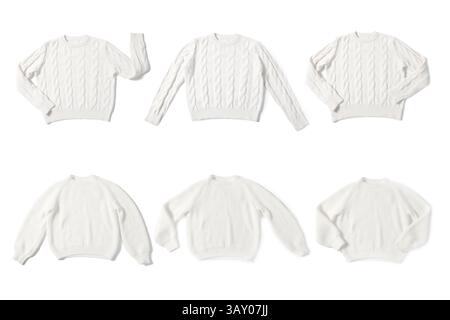 Weiße Strickpullover isoliert auf weiß, Set. Draufsicht Stockfoto