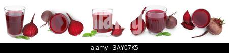Frischer Rübensaft und Gemüse auf weißem Hintergrund, Collage Stockfoto