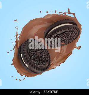 Schokoladenmilchspritzer und leckere Kekse in der Luft auf hellblauem Hintergrund Stockfoto