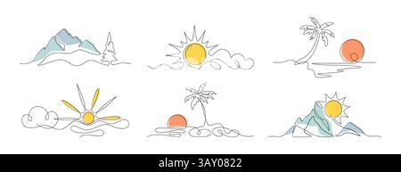Vektor-Kritzelkunst durchgehende einzeilige Sonne, Kokospalme, Wolken, tropische Landschaft mit Bergen, Meer Strand. Lineare Silhouette mit Sommersymbolen. Einzelne dünne Konturen, Wettersymbole, Naturelemente Stock Vektor