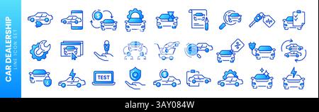Vektor legt Symbole für dünne Linien des Autohändlers fest. Automobilindustrie, Autohändler, lineare Symbole für Fahrzeughandel, Transportversicherung. Mietservice, Straßendienst, Autowerkstatt Stock Vektor