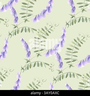 Wildblumen Fliedermauserbse. Nahtloses florales Aquarellmuster auf hellgrünem Hintergrund. Handgezeichnete Sketch Wiese lila Blumen für Stoffdruck, Textil, Verpackung. Endlos wiederkehrendes Ornament. Stockfoto